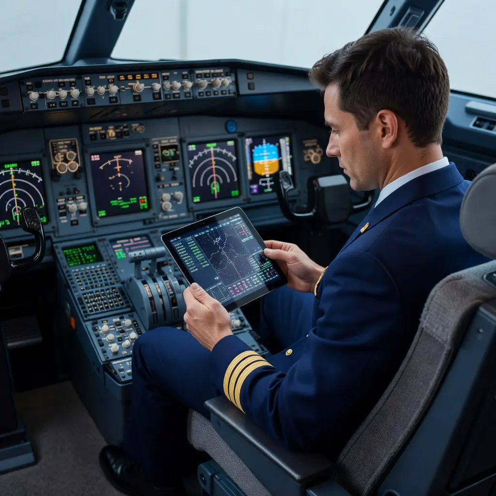 Commercial airline pilot in uniform reviewing analytical data on a tablet inside a modern aircraft cockpit, representing structured decision-making