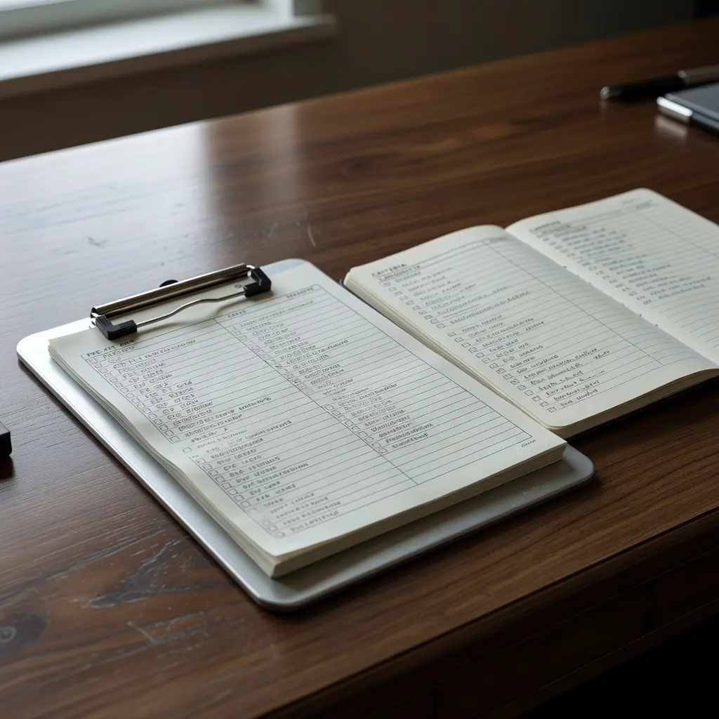 Aviation pre-flight checklist clipboard placed alongside a notebook with casino evaluation criteria, representing systematic research and due diligence