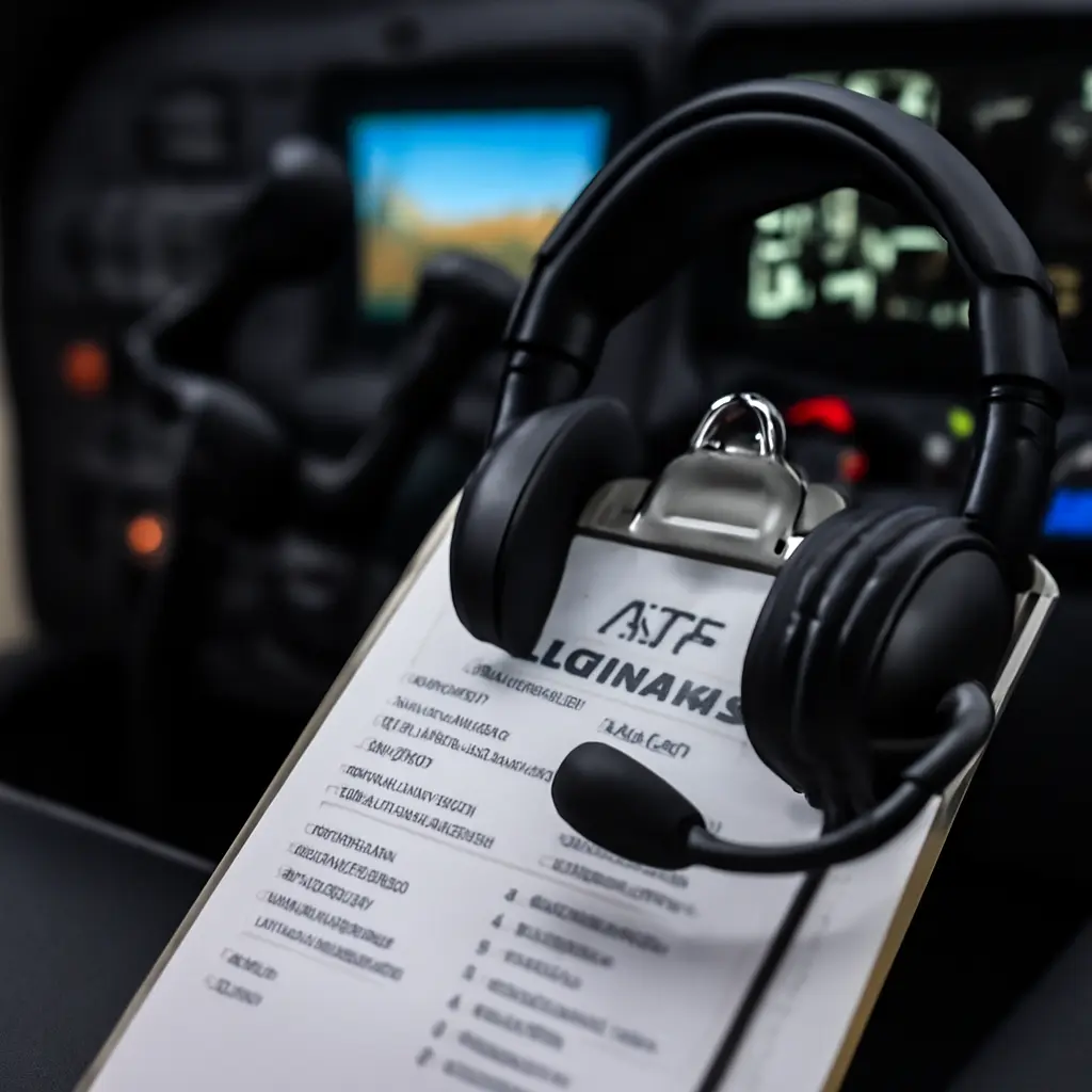 Checklist and headset Pilot checklist on clipboard and flight headset ready next to simulator controls