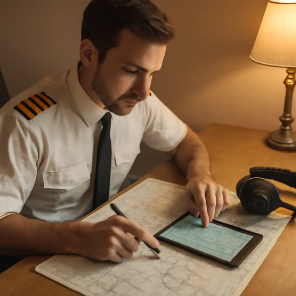 Pilot working flight plan with charts and tablet