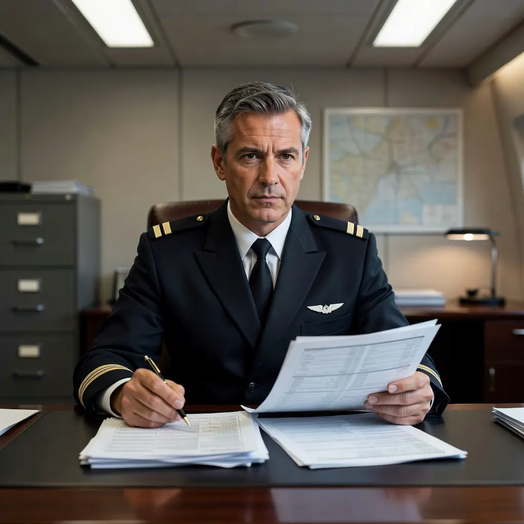 Pilot in uniform seated at a desk studying structured risk assessment documents with focused expression, illustrating analytical safety mindset