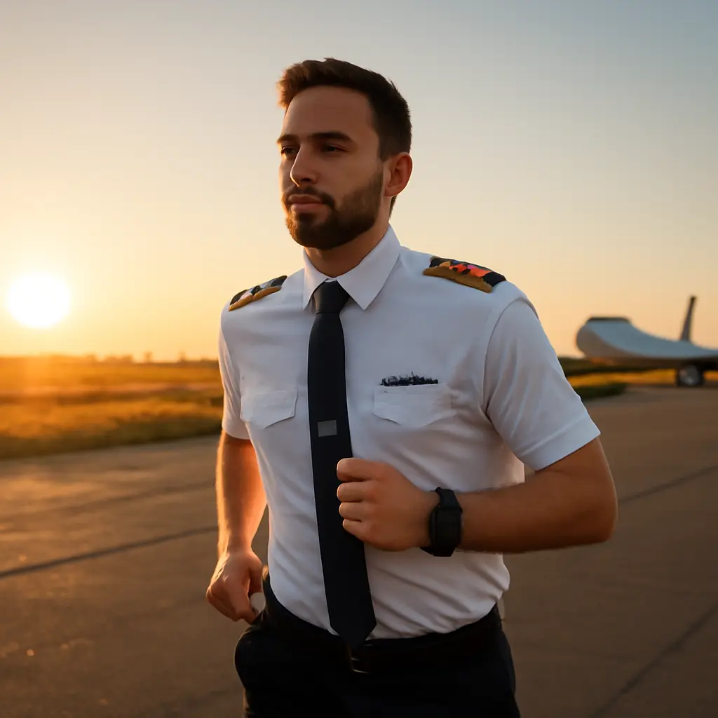 Healthy lifestyle for pilots Pilot jogging at sunrise to maintain fitness