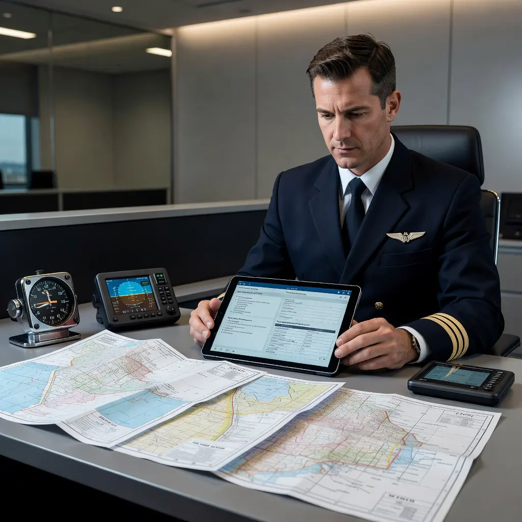 Pilot analyzing casino RNG audit data on a tablet A pilot in uniform reviewing online casino audit certification documents on a digital tablet, with aviation charts visible in the background
