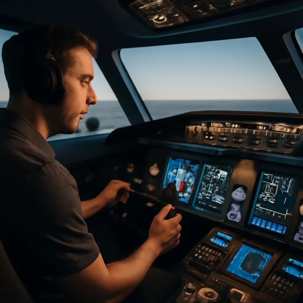 Pilot at flight simulator Pilot sitting at a flight simulator cockpit concentrating under soft lighting