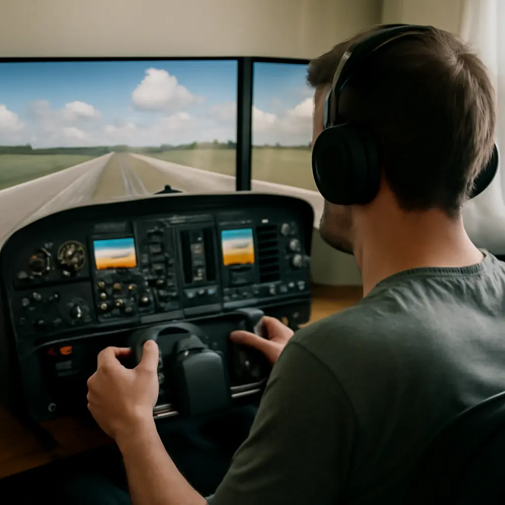 Pilot sitting at a flight simulator practice station