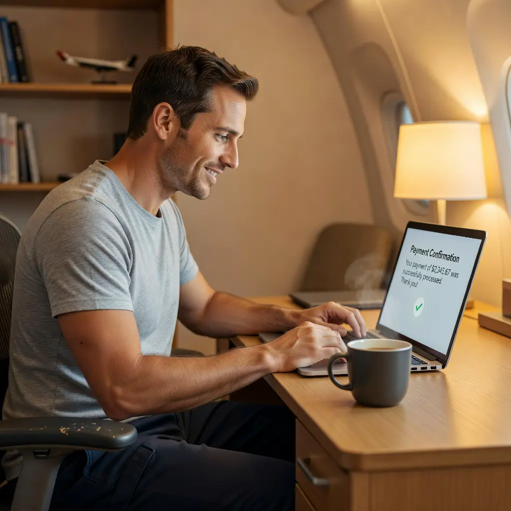 Pilot celebrating a casino payout on laptop screen A relaxed pilot at home reviewing an online casino withdrawal confirmation on a laptop, coffee mug and flight logbook nearby