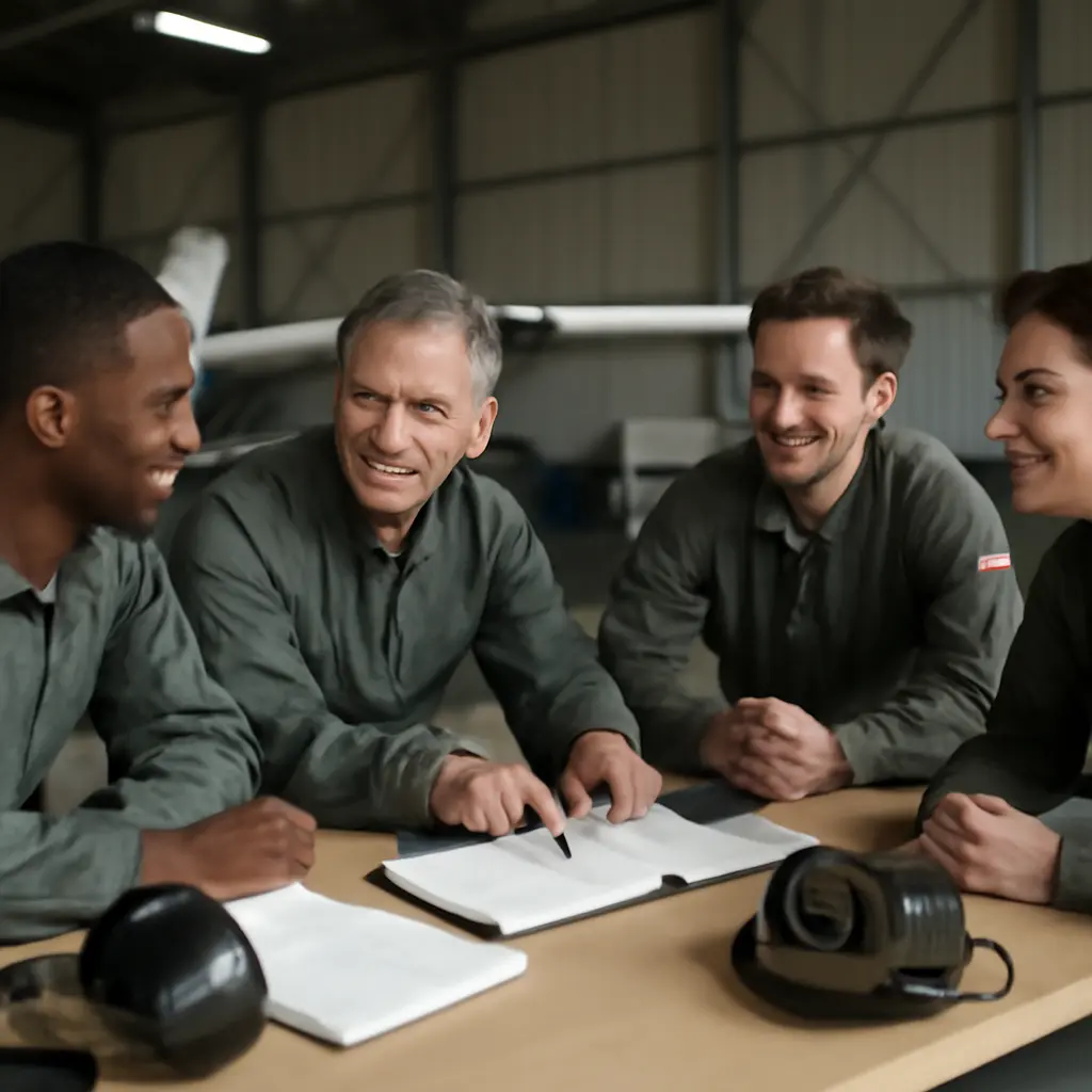 Group of pilots in a hangar discussing cheap hour-building strategies