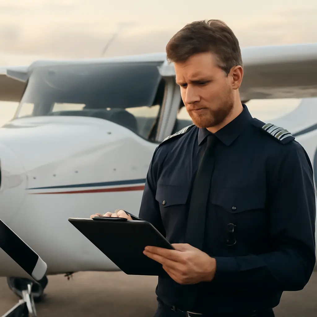 Pilot debriefing after landing Pilot reviewing landing performance notes beside aircraft