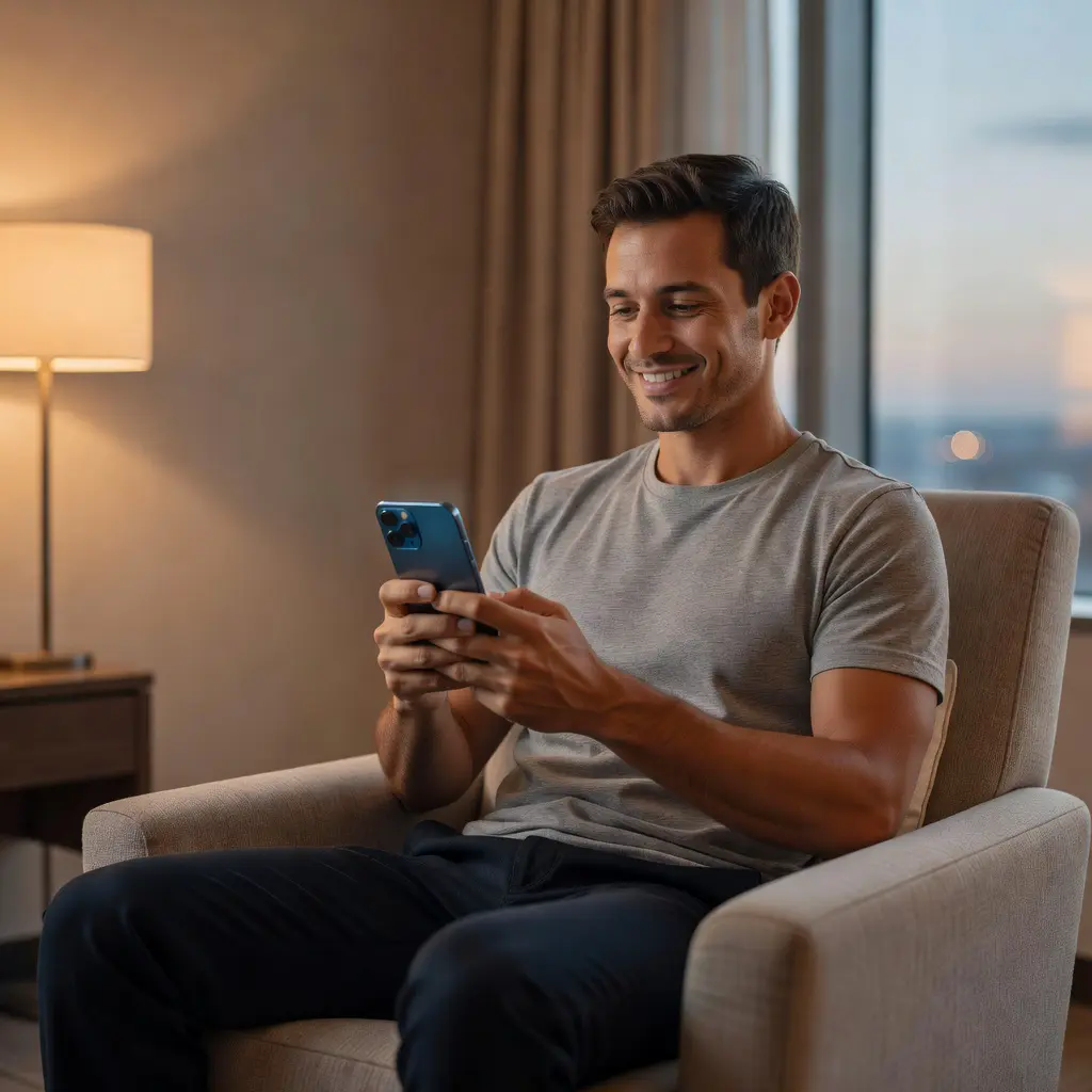 A pilot in casual clothing relaxing in a hotel room, smiling while using a smartphone during a layover, calm and composed atmosphere