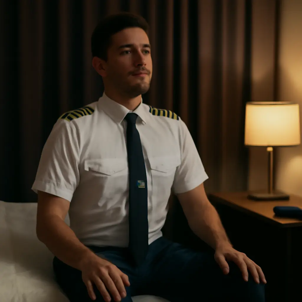 Pilot practicing relaxation techniques in a quiet hotel room with blackout curtains during layover rest period