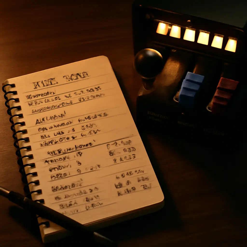 Pilot review notes Open notebook with pilot review notes and pen beside simulator throttle quadrant