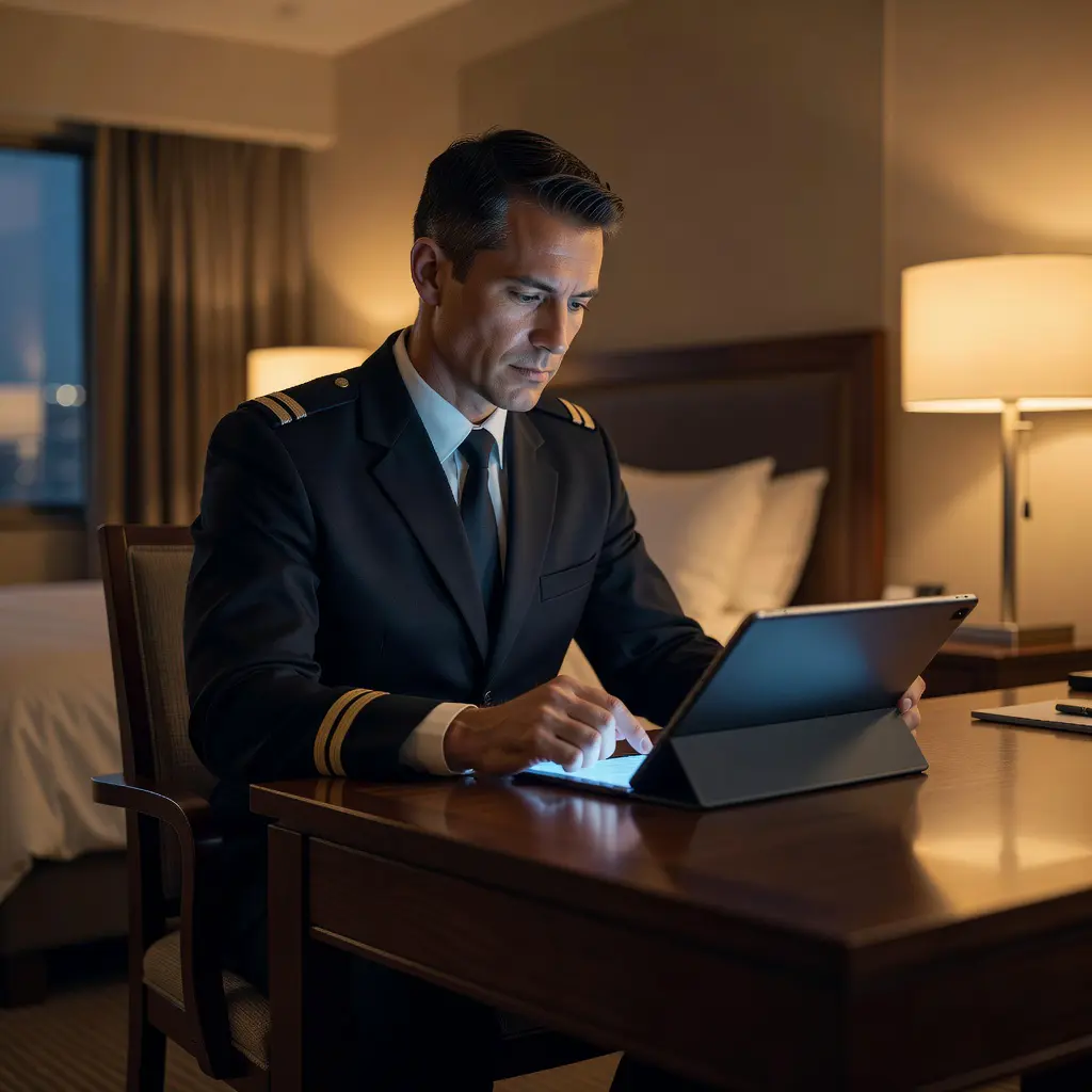 A uniformed pilot sitting at a hotel room desk, reading casino bonus terms on a digital tablet, focused and professional expression