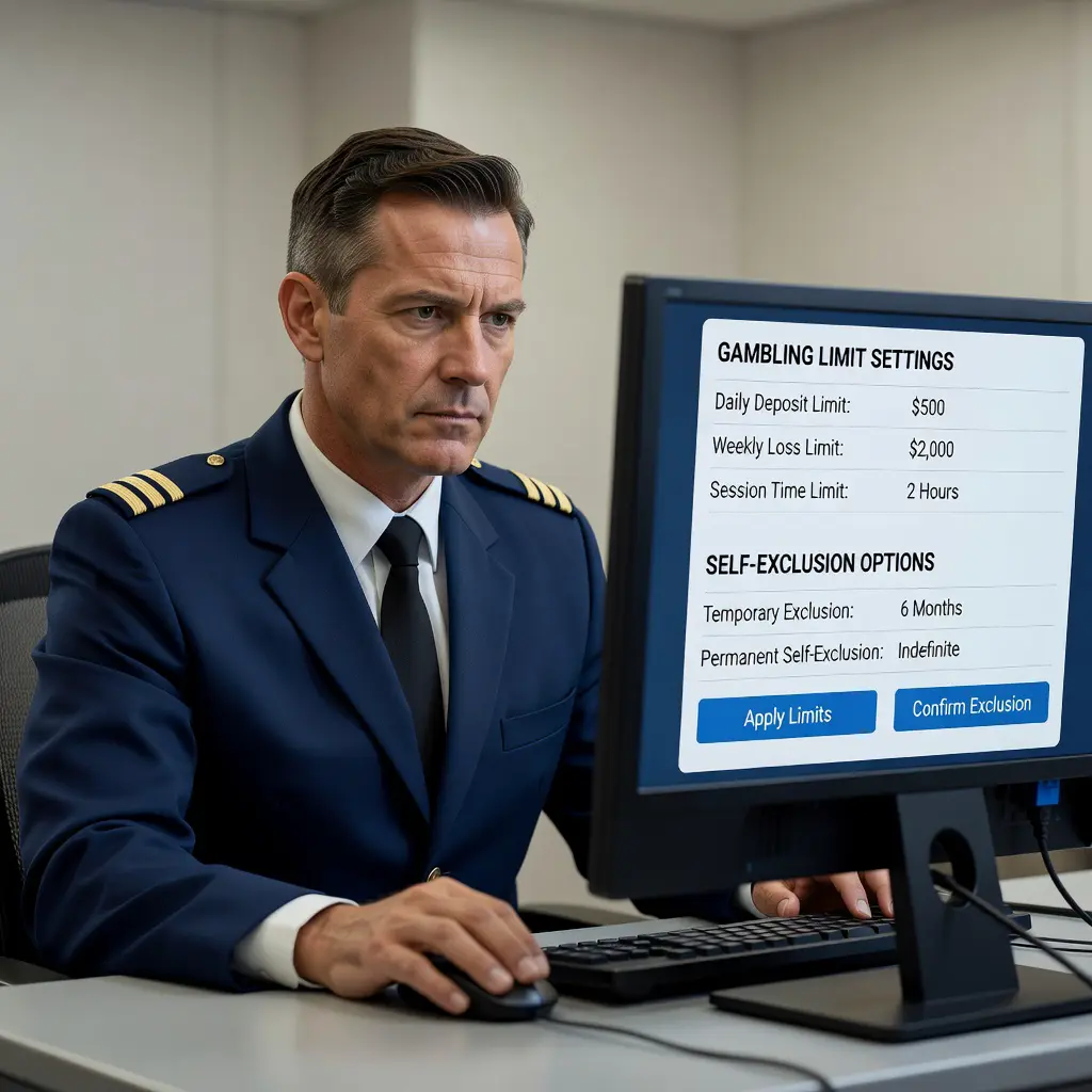 Pilot reviewing responsible gambling tools and self-exclusion interface A pilot at a computer reviewing responsible gambling settings including deposit limits and self-exclusion options on a casino platform interface